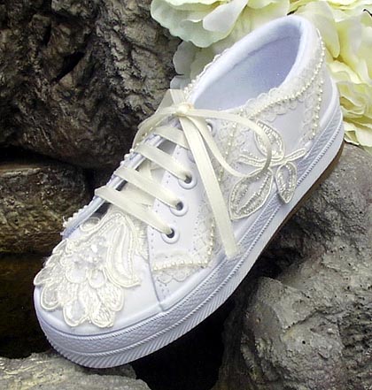 White Deck style shoe with ivory lace sequins and pearls