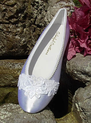 Wedding Bells White Satin Ballet Slipper with Chiffon Ribbon and Peal 