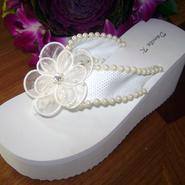 White Bridal Flip Flops with Ivory Pearls and flower trim for Weddings