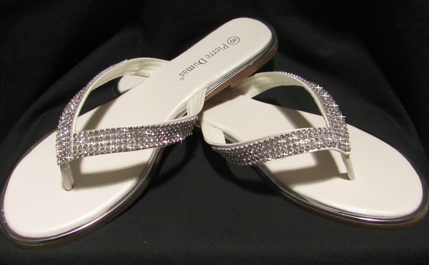 white jeweled flip flops